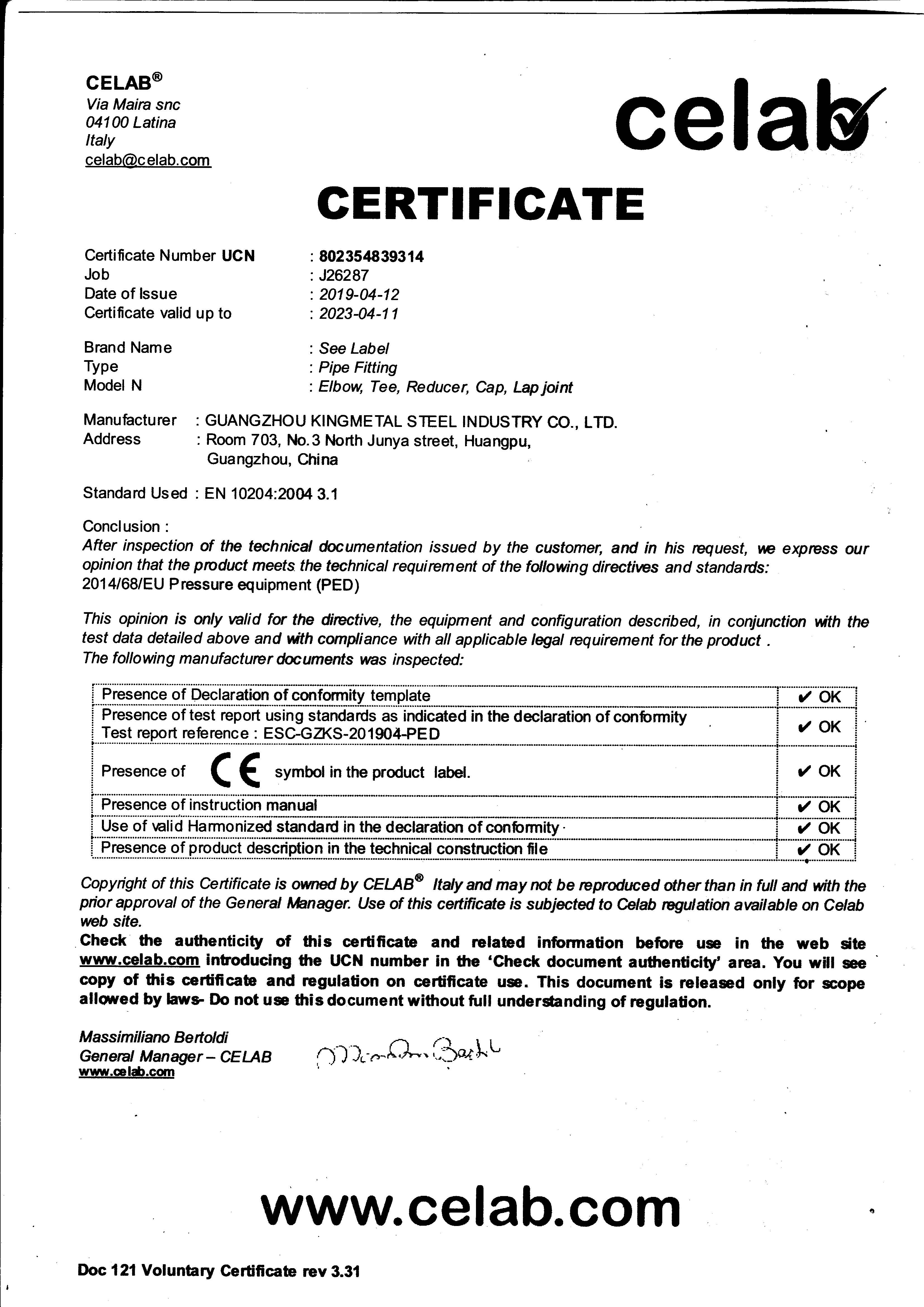 CE certificate from Kingmetal